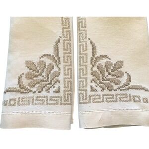 Unbranded Hand Embroidered Greek Key Linen Guest Towels Cream Set of 2 16" x 12"